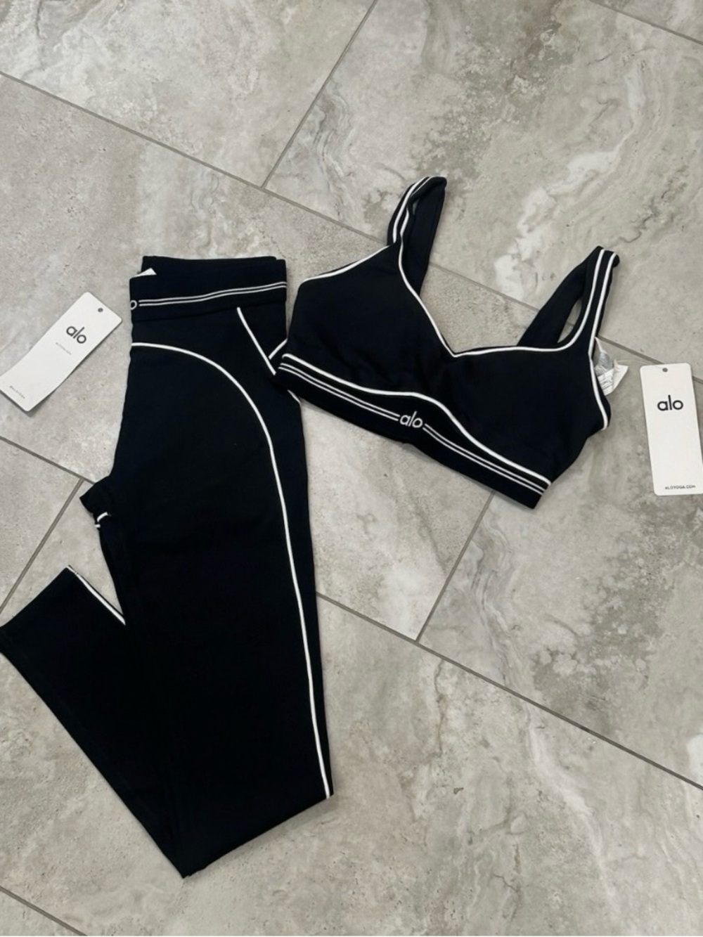 Alo Black Airbrush Highwaist  Legging and Sports Bra Set with White Piping